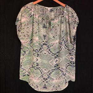 CAbi L Blue green scale boho peasant top sheer tie